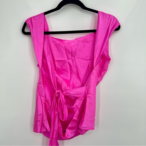 The Bar Asher Top 100% Silk Back Cut Out Tie Cowl Neckline Satin Neon Blouse M - Picture 6 of 11